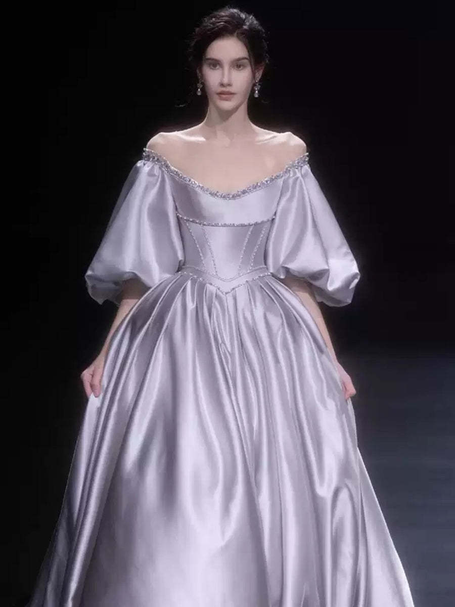 Princess A-line Off-the-shoulder Floor-length Pleated Wedding Dresses with Puff Sleeves and Crystals