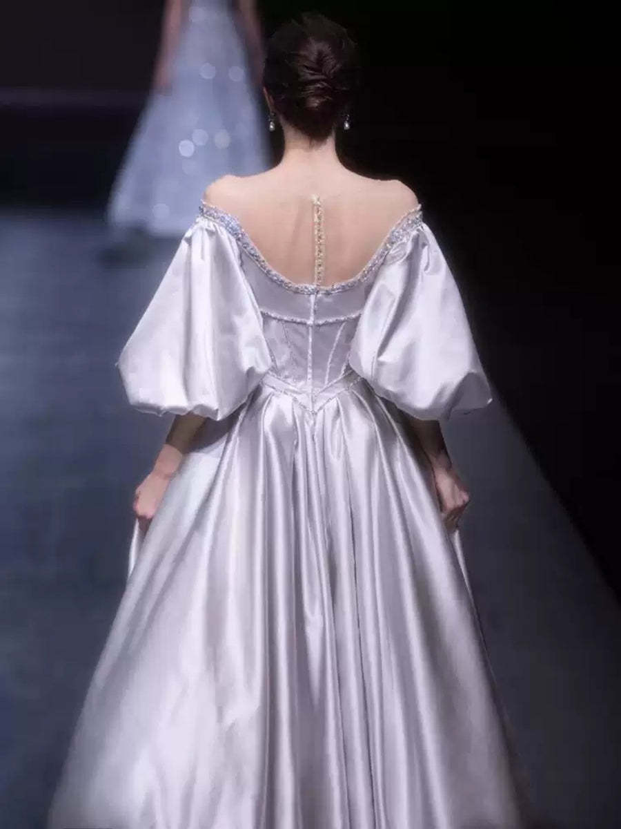 Princess A-line Off-the-shoulder Floor-length Pleated Wedding Dresses with Puff Sleeves and Crystals