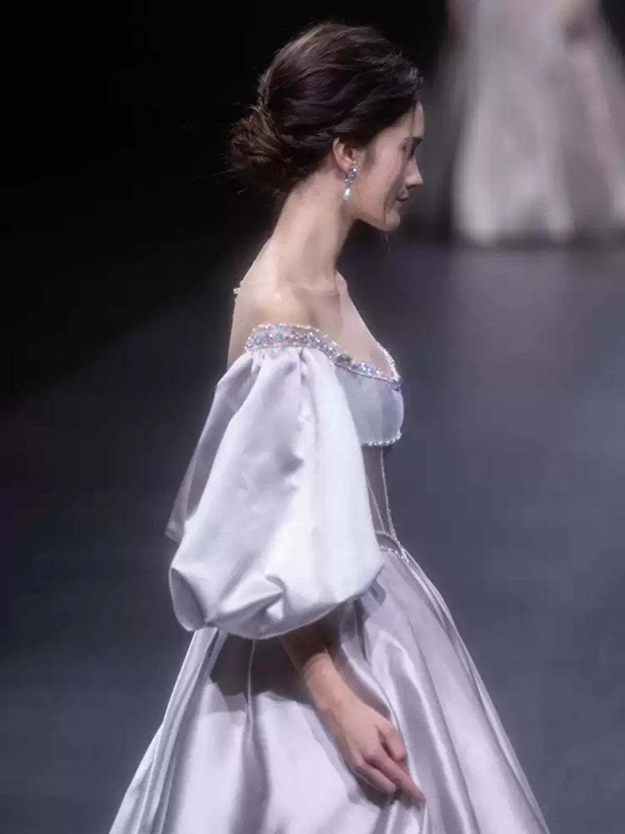 Princess A-line Off-the-shoulder Floor-length Pleated Wedding Dresses with Puff Sleeves and Crystals