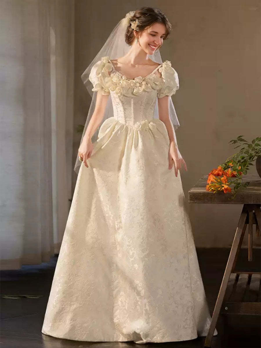 Princess A-line Wedding Dress with Spaghetti Straps, Puff Sleeves, Embroidery, 3D Flowers, Lace-up, Pearls, and Lace-BMbridal.UK