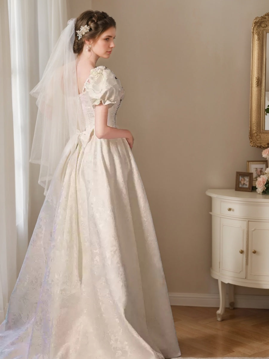 Princess A-line Wedding Dress with Spaghetti Straps, Puff Sleeves, Embroidery, 3D Flowers, Lace-up, Pearls, and Lace-BMbridal.UK
