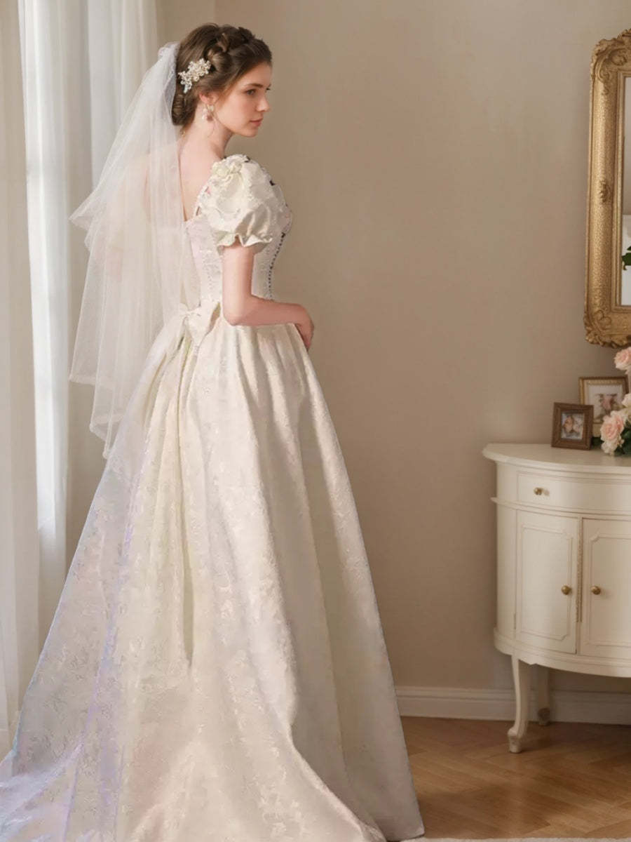 Princess A-line Wedding Dress with Spaghetti Straps, Puff Sleeves, Embroidery, 3D Flowers, Lace-up, Pearls, and Lace-BMbridal.UK