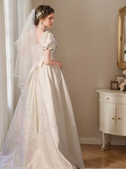 Princess A-line Wedding Dress with Spaghetti Straps, Puff Sleeves, Embroidery, 3D Flowers, Lace-up, Pearls, and Lace-BMbridal.UK