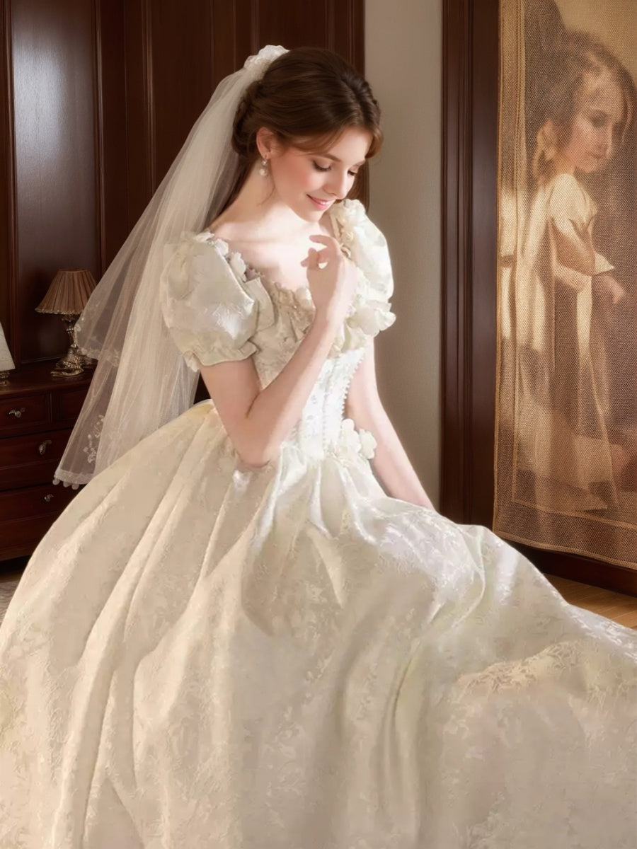 Princess A-line Wedding Dress with Spaghetti Straps, Puff Sleeves, Embroidery, 3D Flowers, Lace-up, Pearls, and Lace-BMbridal.UK