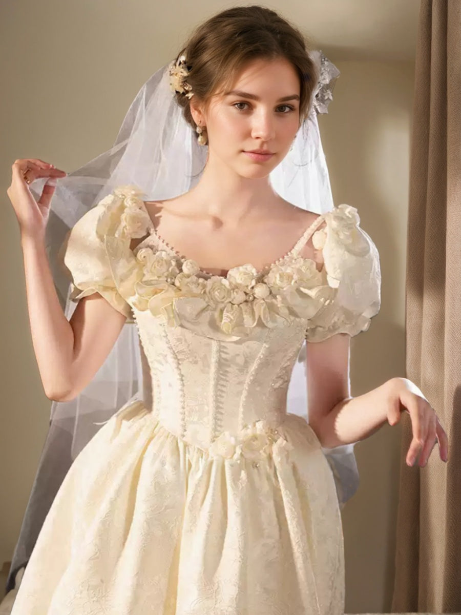 Princess A-line Wedding Dress with Spaghetti Straps, Puff Sleeves, Embroidery, 3D Flowers, Lace-up, Pearls, and Lace-BMbridal.UK