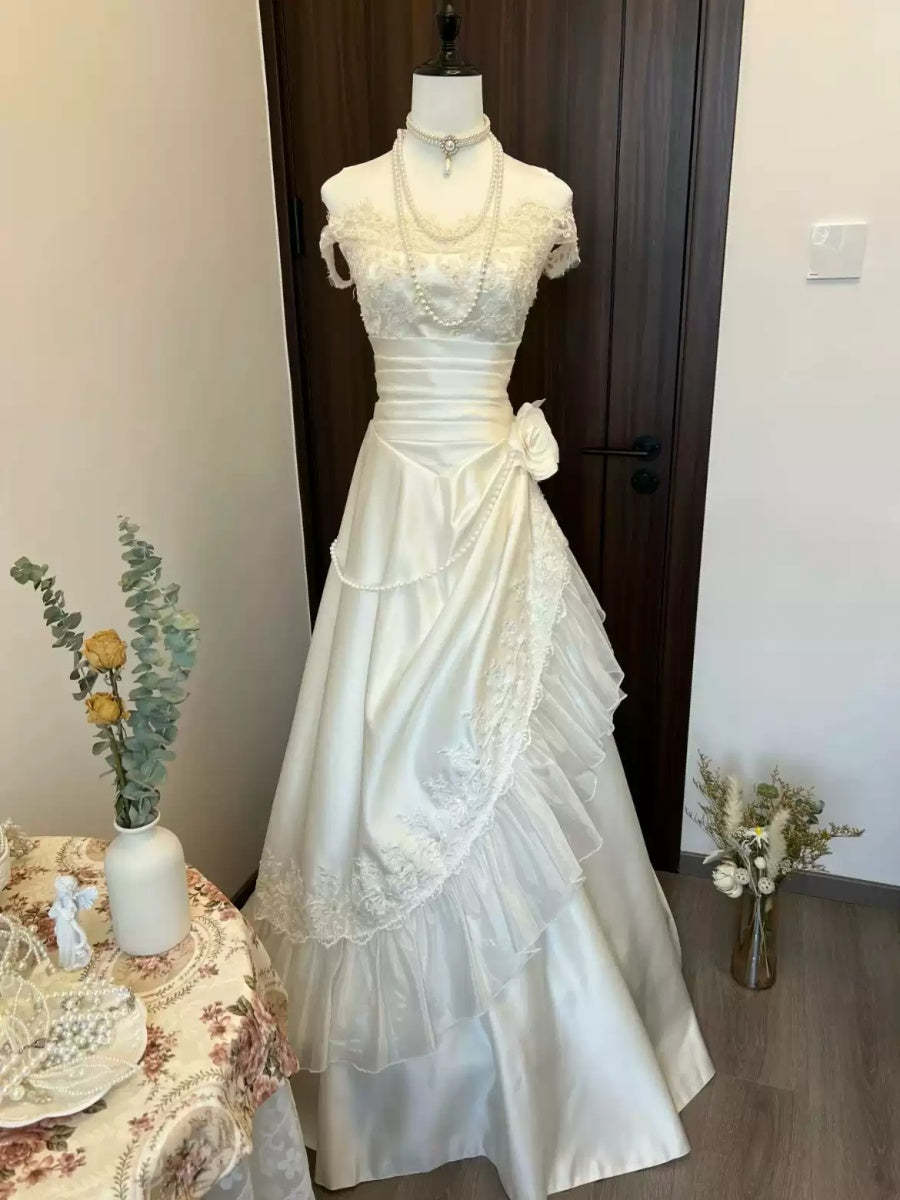 Off-the-shoulder A-line Princess Wedding Dresses with Ruched Tulle, Appliques & Pearls