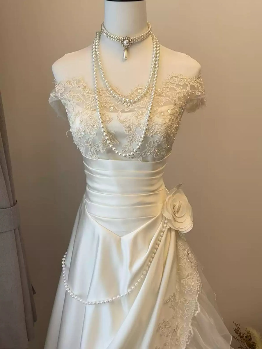 Off-the-shoulder A-line Princess Wedding Dresses with Ruched Tulle, Appliques & Pearls