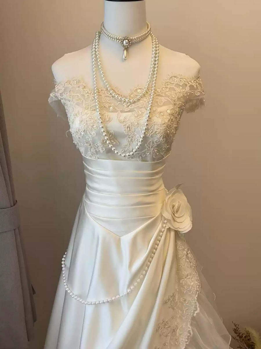 Off-the-shoulder A-line Princess Wedding Dresses with Ruched Tulle, Appliques & Pearls