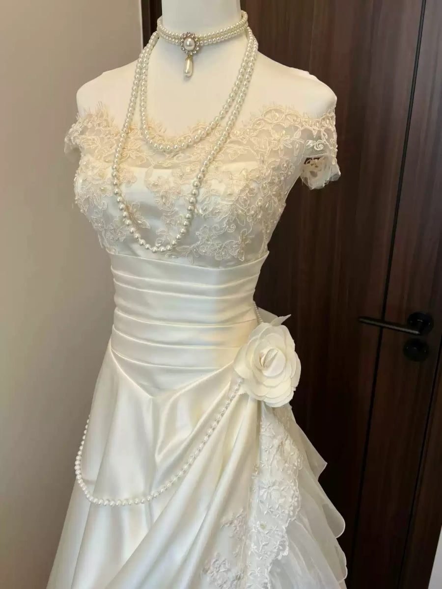 Off-the-shoulder A-line Princess Wedding Dresses with Ruched Tulle, Appliques & Pearls