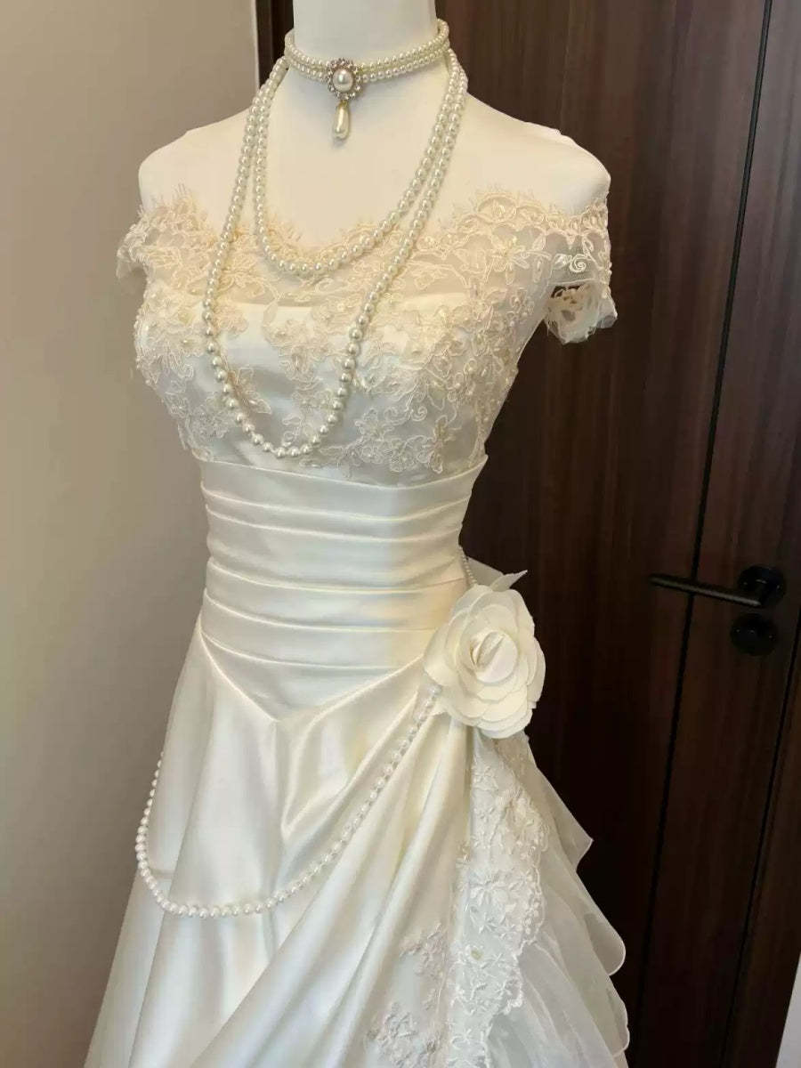 Off-the-shoulder A-line Princess Wedding Dresses with Ruched Tulle, Appliques & Pearls