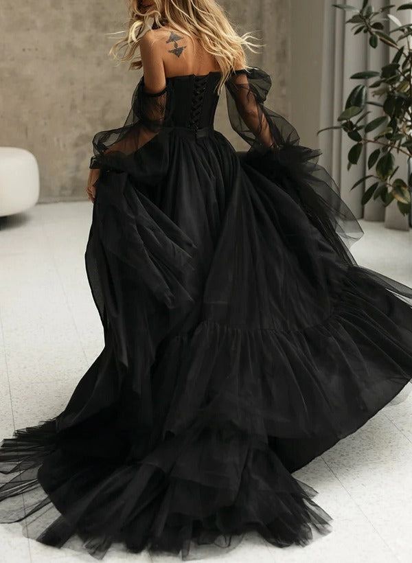 Off-the-Shoulder Black A-Line Wedding Dress with 3/4 Sleeves and Lace-Up Back