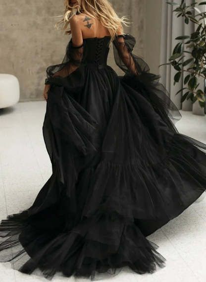 Off-the-Shoulder Black A-Line Wedding Dress with 3/4 Sleeves and Lace-Up Back
