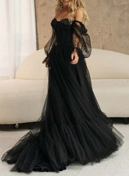Off-the-Shoulder Black A-Line Wedding Dress with 3/4 Sleeves and Lace-Up Back