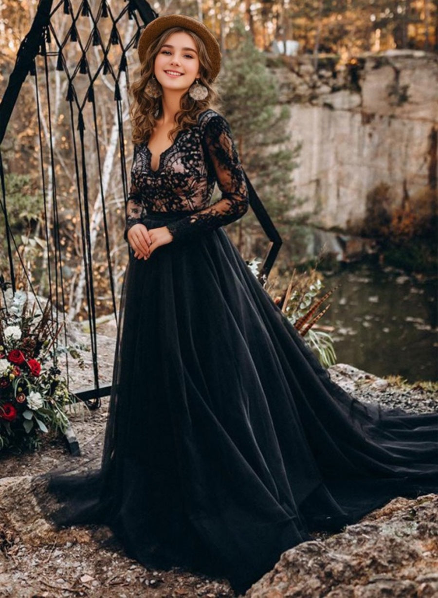 Black V-Neck A-Line Princess Wedding Dress with Long Lace Sleeves