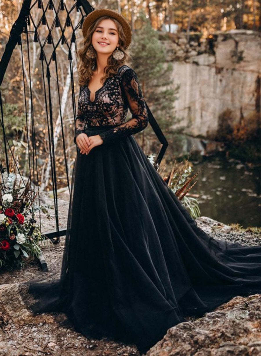 Black V-Neck A-Line Princess Wedding Dress with Long Lace Sleeves