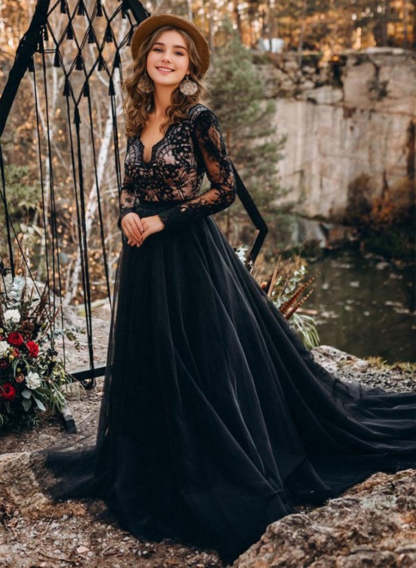 Black V-Neck A-Line Princess Wedding Dress with Long Lace Sleeves