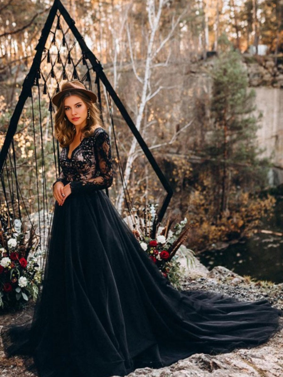 Black V-Neck A-Line Princess Wedding Dress with Long Lace Sleeves