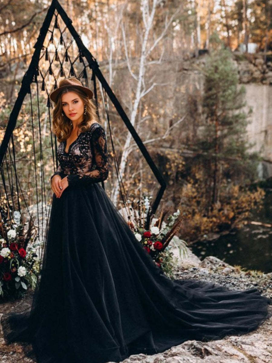 Black V-Neck A-Line Princess Wedding Dress with Long Lace Sleeves