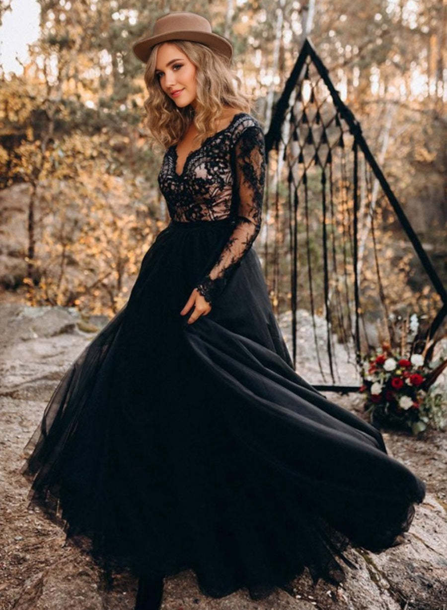 Black V-Neck A-Line Princess Wedding Dress with Long Lace Sleeves