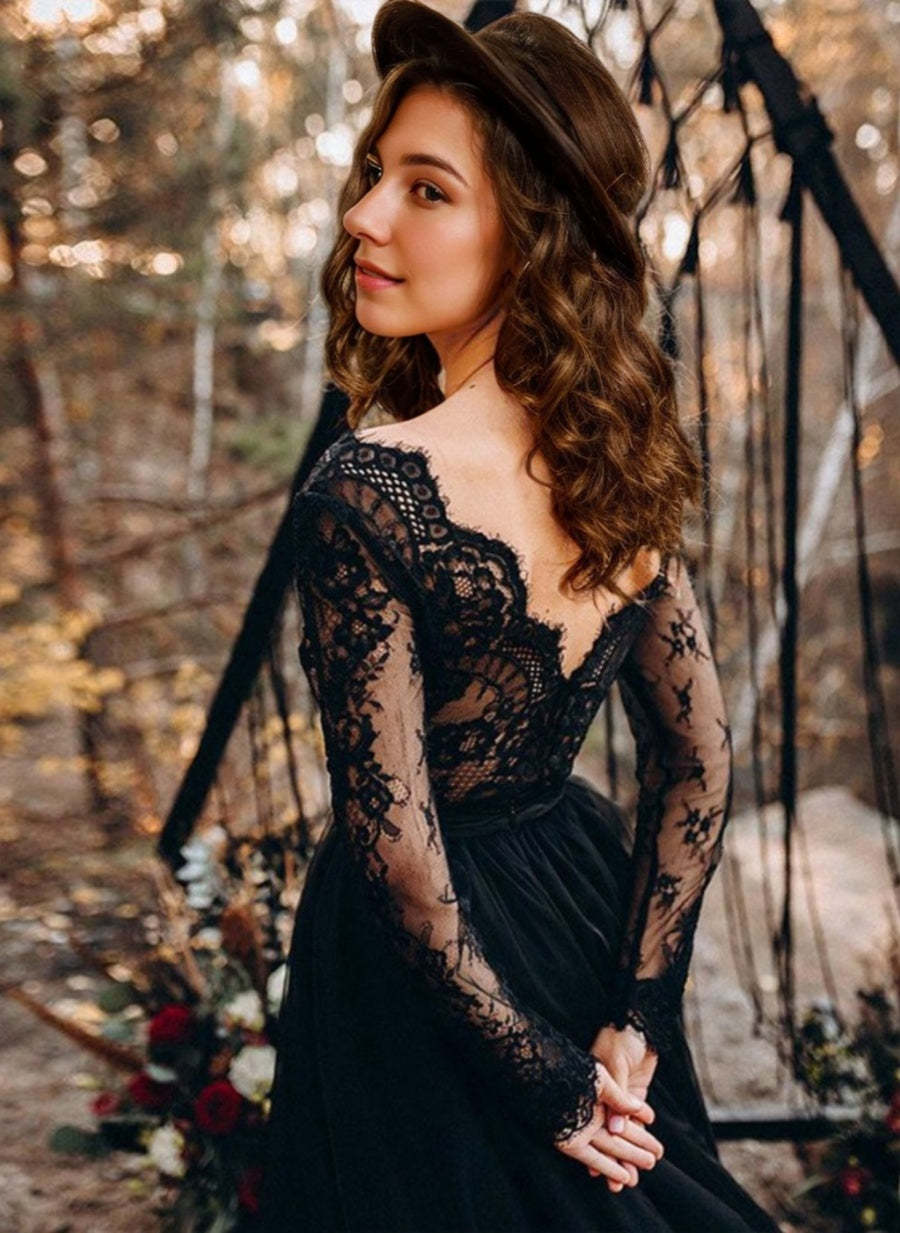 Black V-Neck A-Line Princess Wedding Dress with Long Lace Sleeves