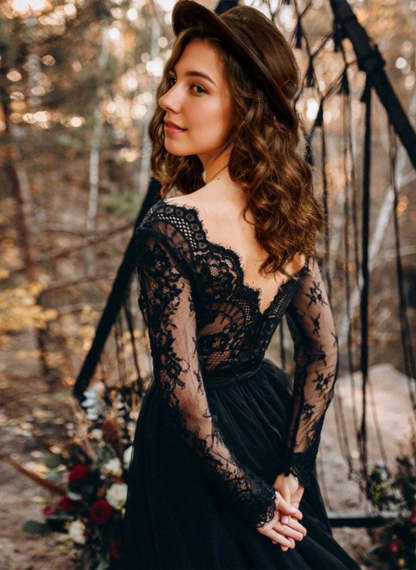 Black V-Neck A-Line Princess Wedding Dress with Long Lace Sleeves