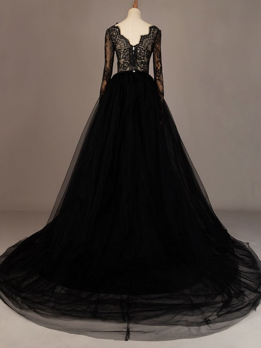 Black V-Neck A-Line Princess Wedding Dress with Long Lace Sleeves