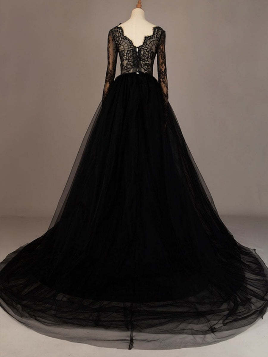 Black V-Neck A-Line Princess Wedding Dress with Long Lace Sleeves