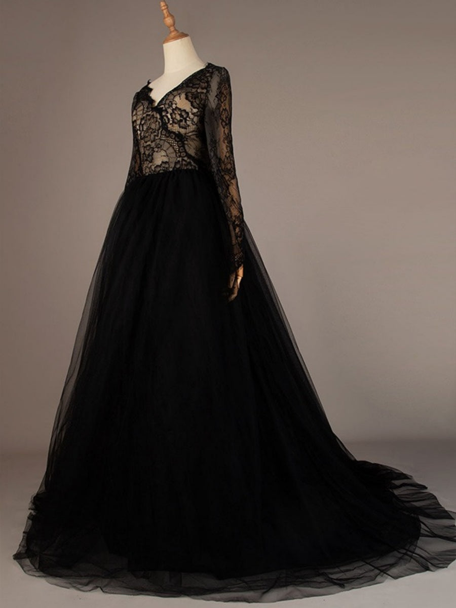 Black V-Neck A-Line Princess Wedding Dress with Long Lace Sleeves