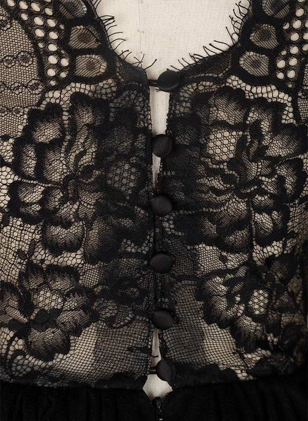 Black V-Neck A-Line Princess Wedding Dress with Long Lace Sleeves