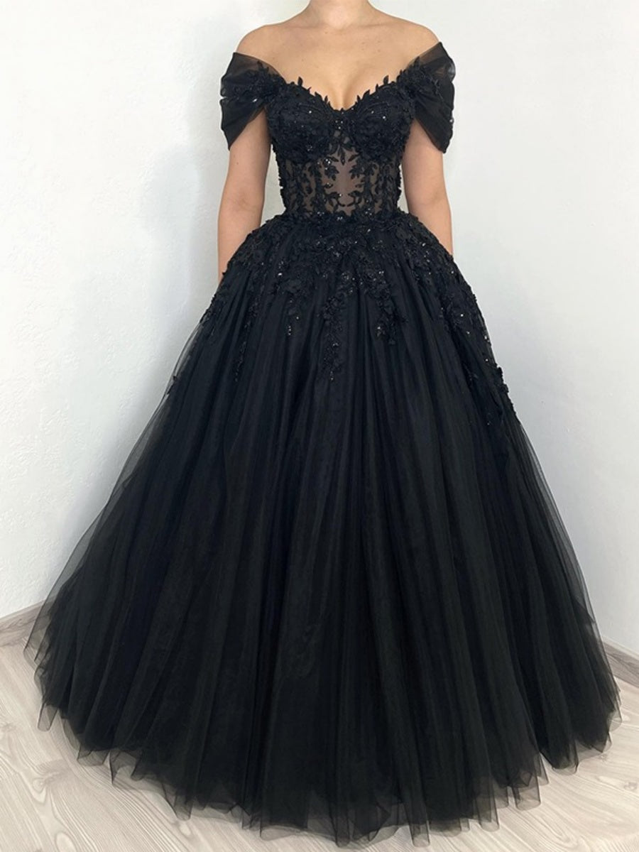 Black Off-the-Shoulder A-Line Princess Wedding Dress with Short Sleeves, Floor-Length Lace Appliques, Lace-Up Back, and Crystals-BMbridal.UK