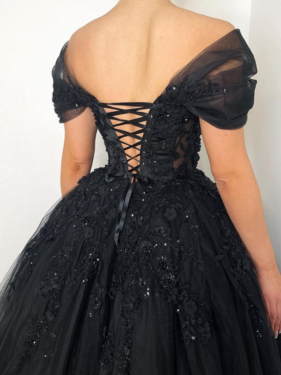 Black Off-the-Shoulder A-Line Princess Wedding Dress with Short Sleeves, Floor-Length Lace Appliques, Lace-Up Back, and Crystals-BMbridal.UK