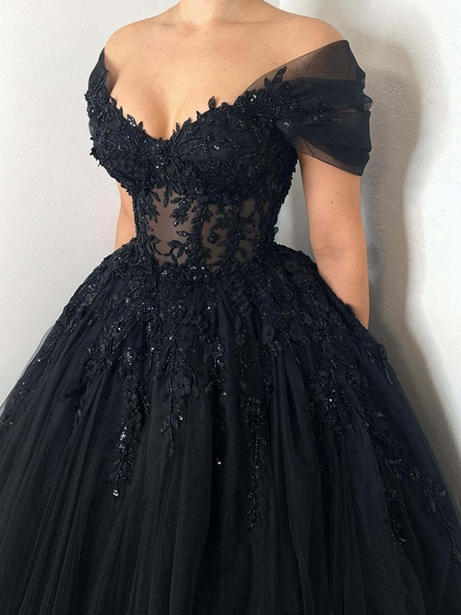 Black Off-the-Shoulder A-Line Princess Wedding Dress with Short Sleeves, Floor-Length Lace Appliques, Lace-Up Back, and Crystals-BMbridal.UK