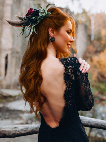 Elegant Black Backless Wedding Dress with Side Slit and Sweep Train