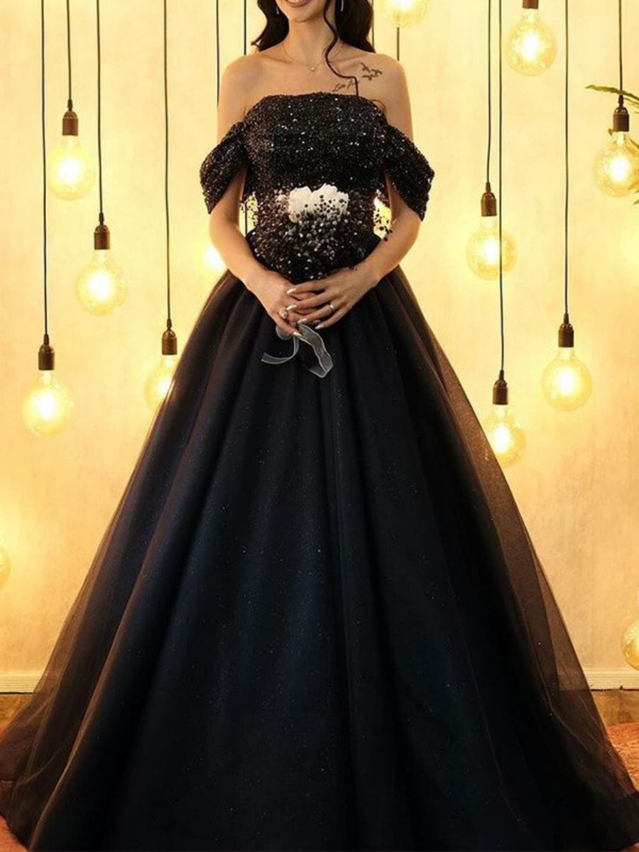 Black Sequined Off-the-Shoulder Ball-Gown Wedding Dress with Sweep Train