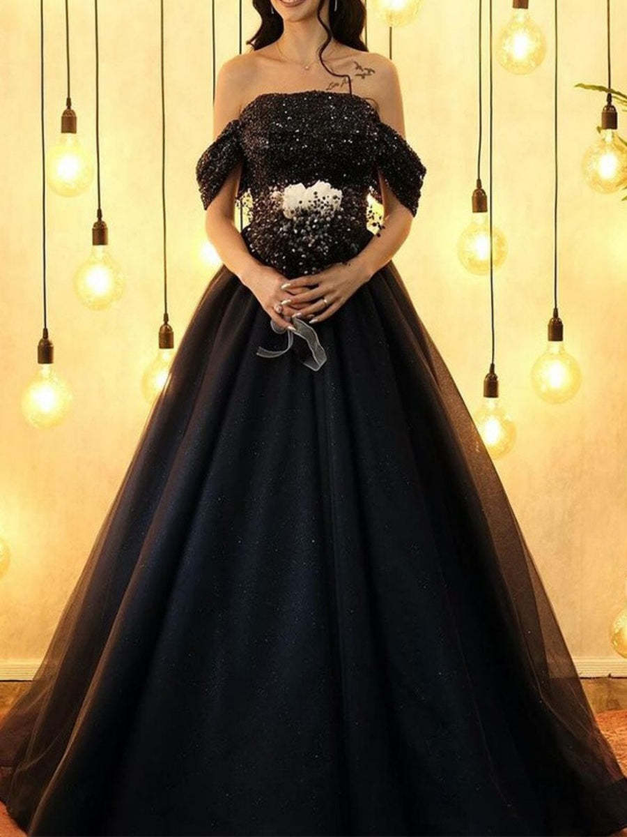 Black Sequined Off-the-Shoulder Ball-Gown Wedding Dress with Sweep Train