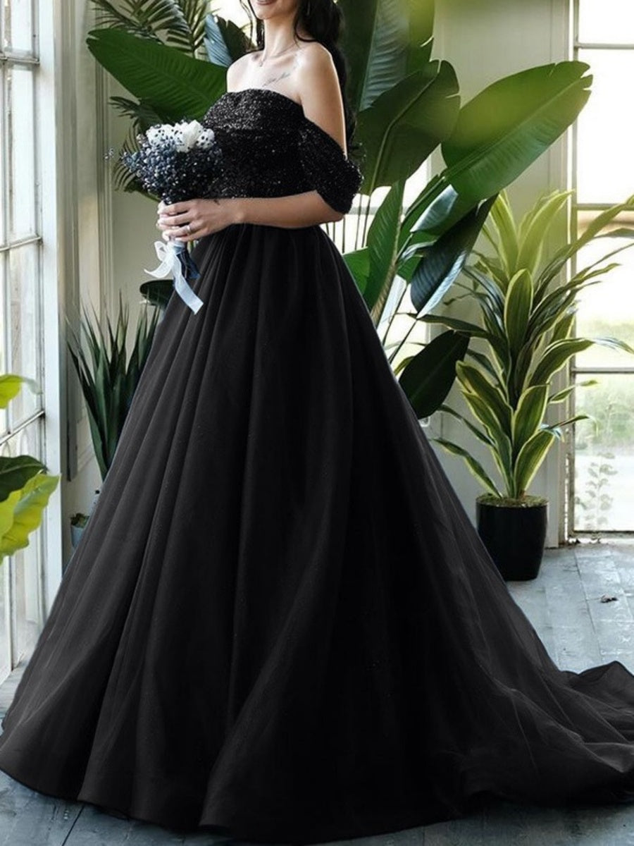 Black Sequined Off-the-Shoulder Ball-Gown Wedding Dress with Sweep Train