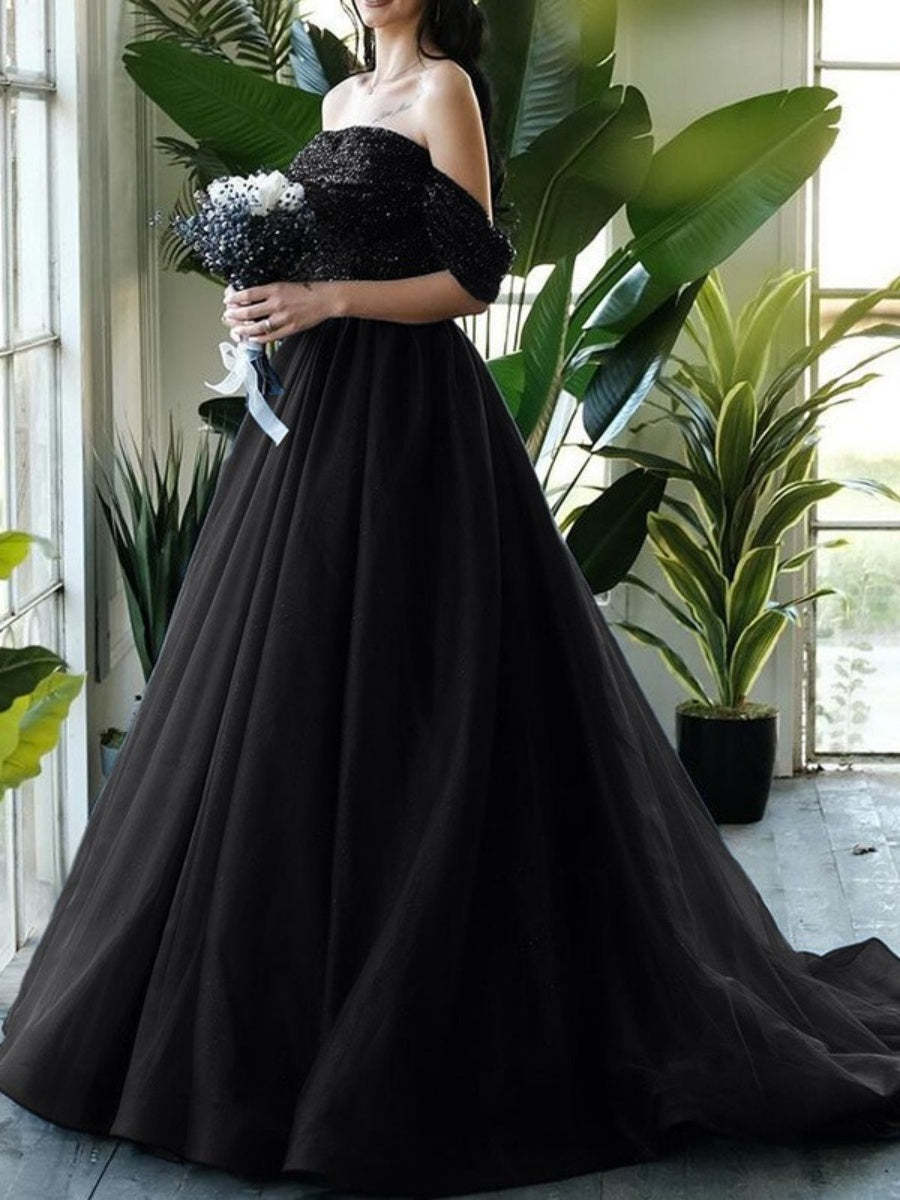 Black Sequined Off-the-Shoulder Ball-Gown Wedding Dress with Sweep Train