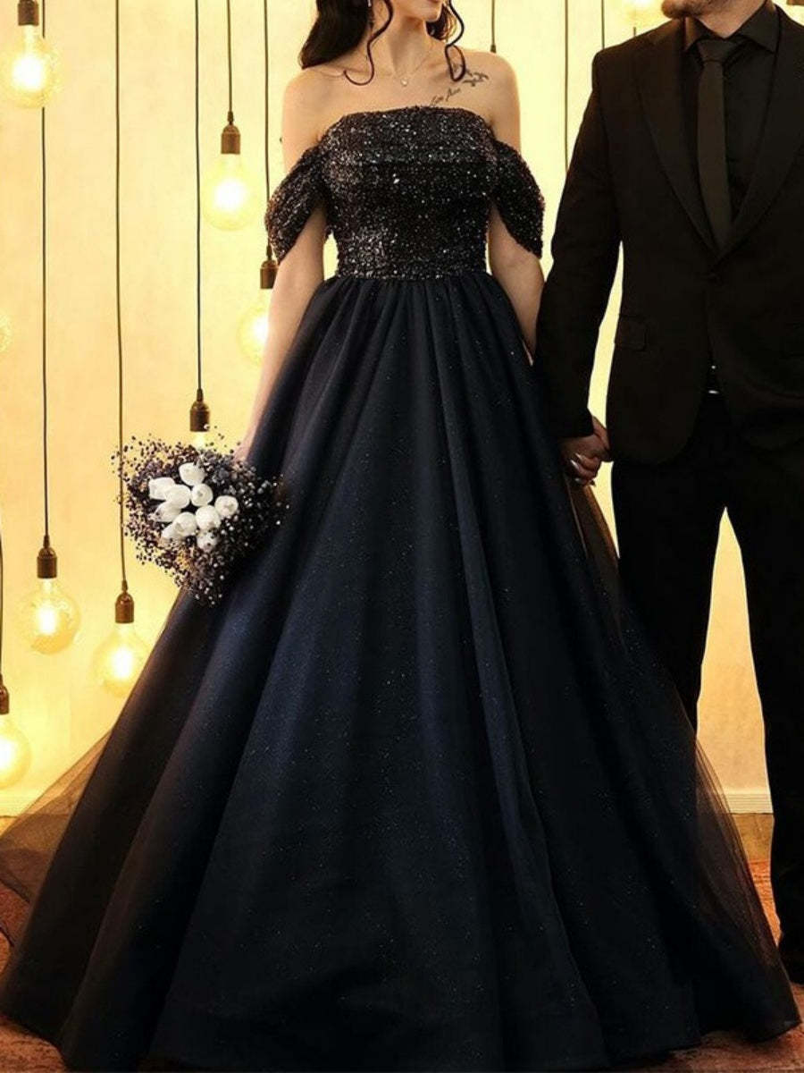 Black Sequined Off-the-Shoulder Ball-Gown Wedding Dress with Sweep Train