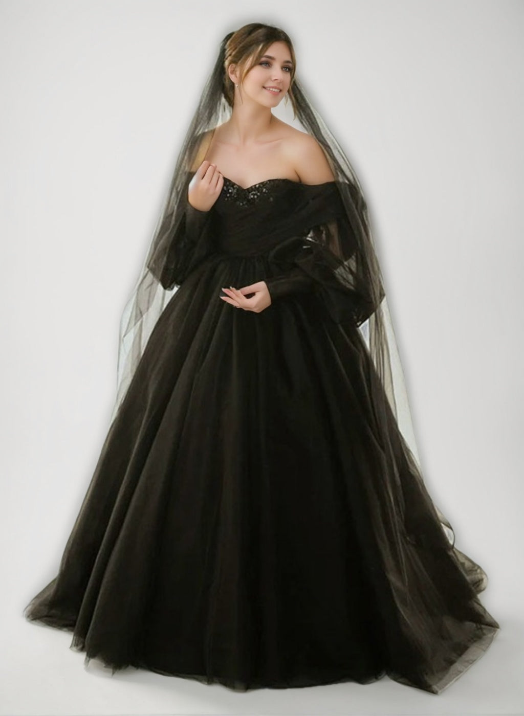 Black Off-the-Shoulder Ball-Gown Wedding Dresses with 3/4 Sleeves, Floor-Length Lace-Up & Sequins