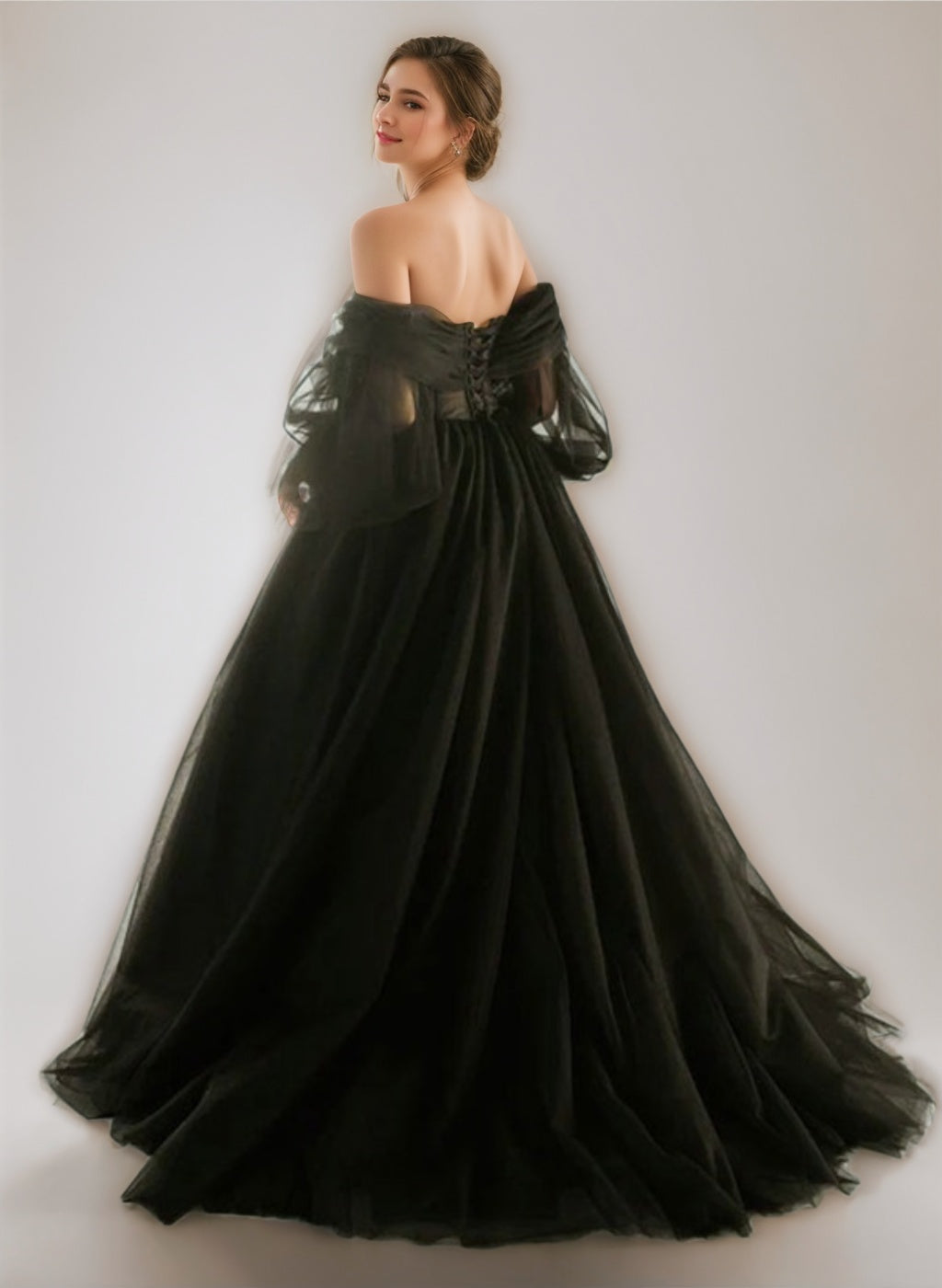 Black Off-the-Shoulder Ball-Gown Wedding Dresses with 3/4 Sleeves, Floor-Length Lace-Up & Sequins