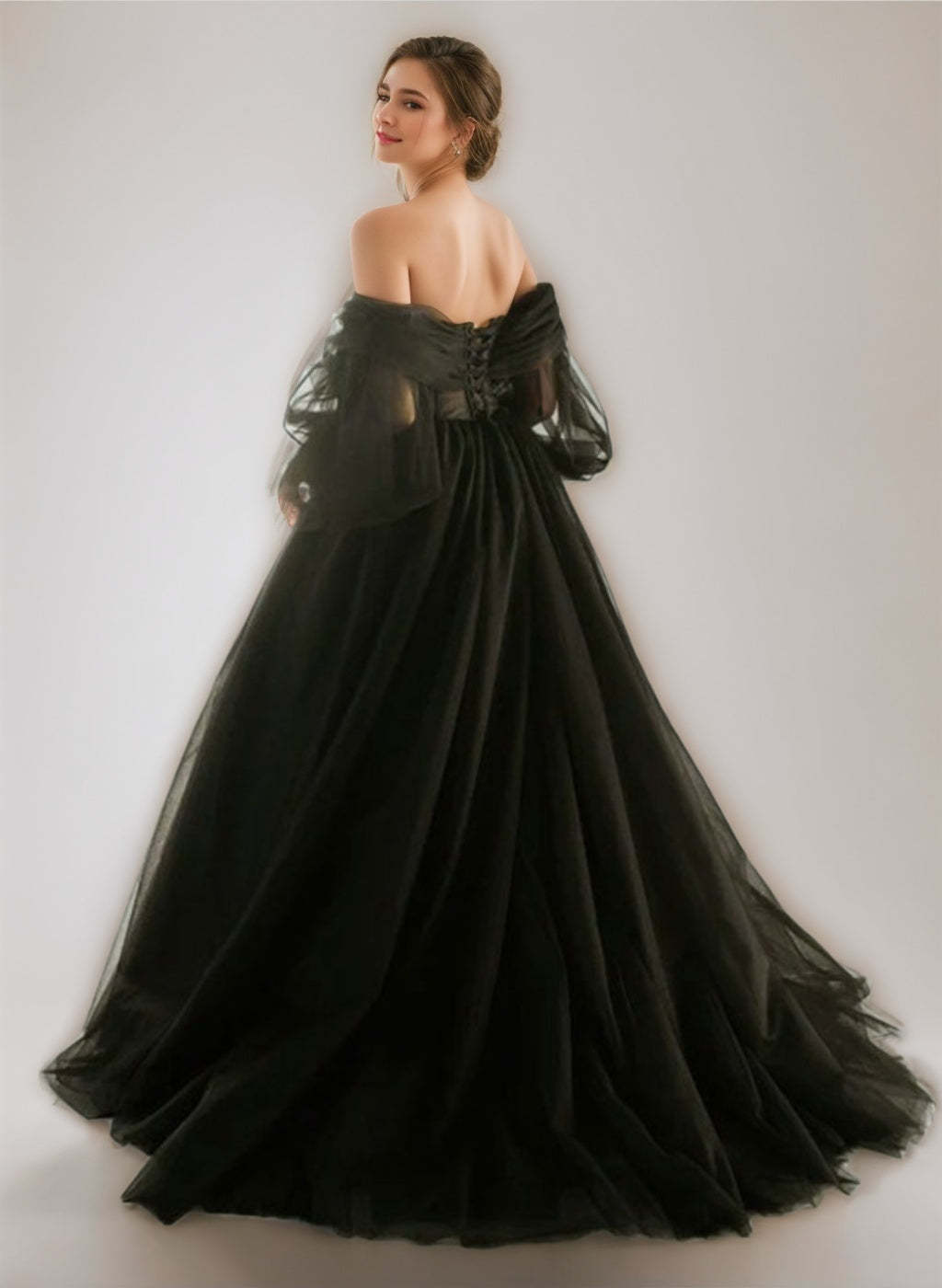 Black Off-the-Shoulder Ball-Gown Wedding Dresses with 3/4 Sleeves, Floor-Length Lace-Up & Sequins