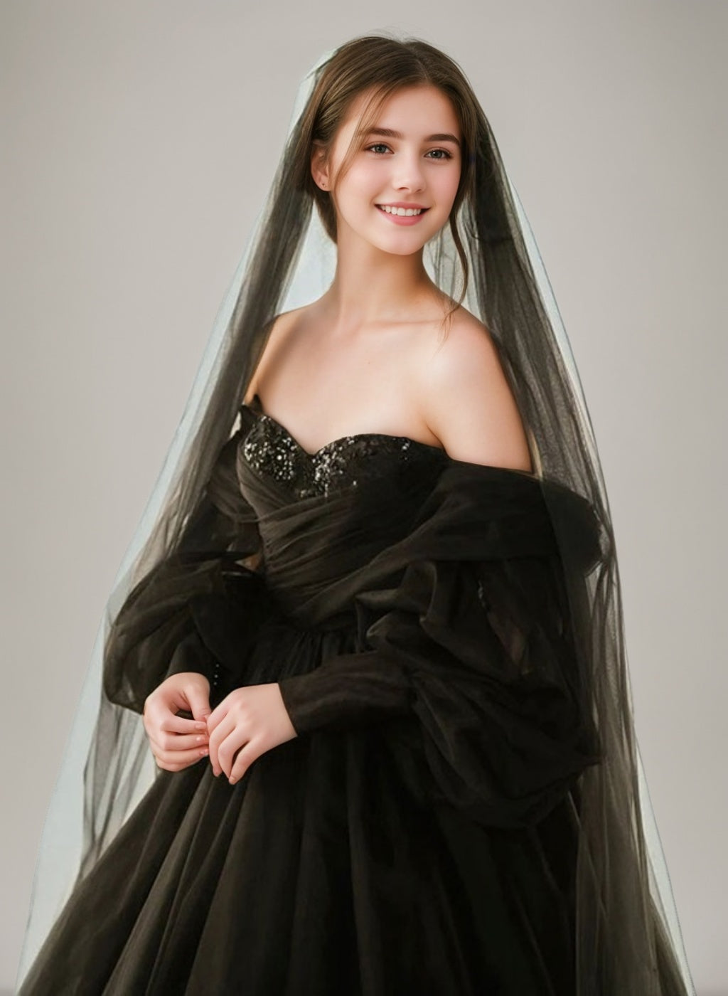 Black Off-the-Shoulder Ball-Gown Wedding Dresses with 3/4 Sleeves, Floor-Length Lace-Up & Sequins