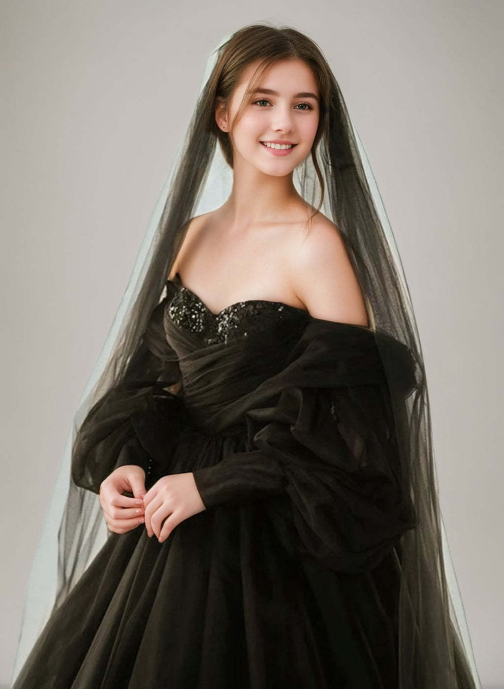 Black Off-the-Shoulder Ball-Gown Wedding Dresses with 3/4 Sleeves, Floor-Length Lace-Up & Sequins
