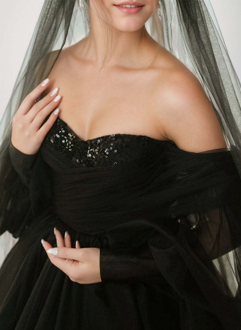 Black Off-the-Shoulder Ball-Gown Wedding Dresses with 3/4 Sleeves, Floor-Length Lace-Up & Sequins