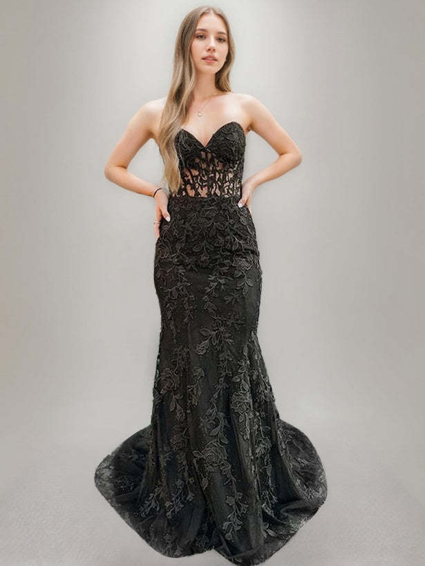Black Strapless Sweetheart Trumpet/Mermaid Wedding Dresses with Lace-Up & Appliques