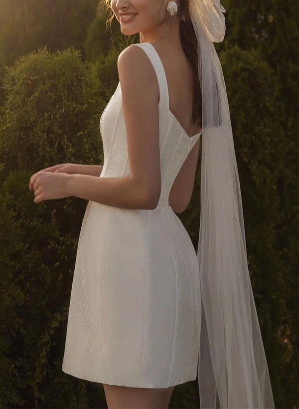 Square Neckline Sleeveless Mini Sheath Wedding Dress with Zipper