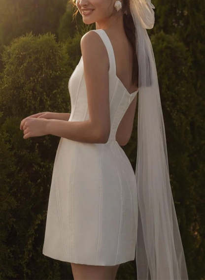 Square Neckline Sleeveless Mini Sheath Wedding Dress with Zipper