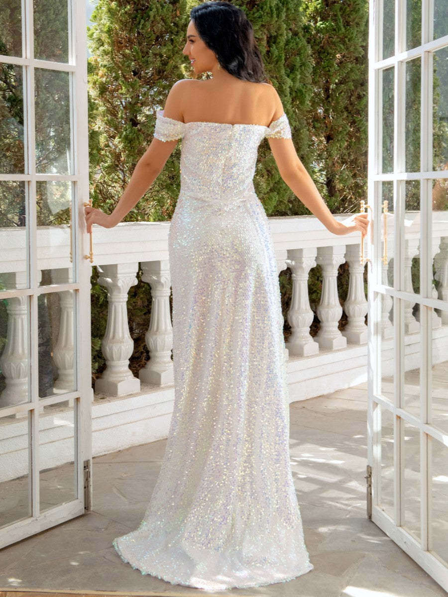 Asymmetrical Off-The-Shoulder Wedding Dresses with Sequins & Slit in Sheath/Column Style
