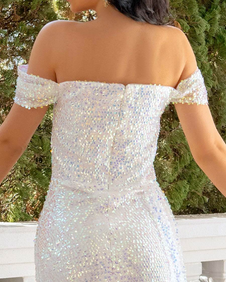 Asymmetrical Off-The-Shoulder Wedding Dresses with Sequins & Slit in Sheath/Column Style