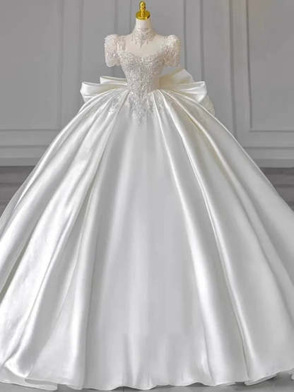 Sweetheart Short-Sleeve Ball Gown Wedding Dress with Lace Appliques, Beads & Oversized Bow